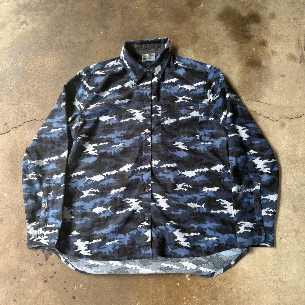 Salt Life SLX Shirt Mens Large Blue Camo Shark Fishing Button Down Excellent